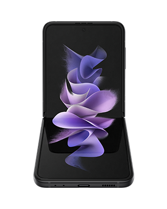 Telefon Telefon Samsung Galaxy Z Flip 3 negru semipliat cu ecranul aprins, fotografiat din fata