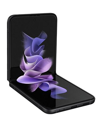 Telefon Telefon Samsung Galaxy Z Flip 3 negru semipliat cu ecranul aprins, fotografiat din fata usor rotit catre dreapta