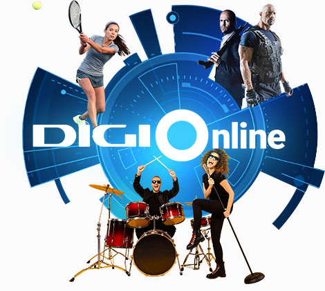 Ilustratie cu mai multe personaje TV si sigla Digi TV online. 