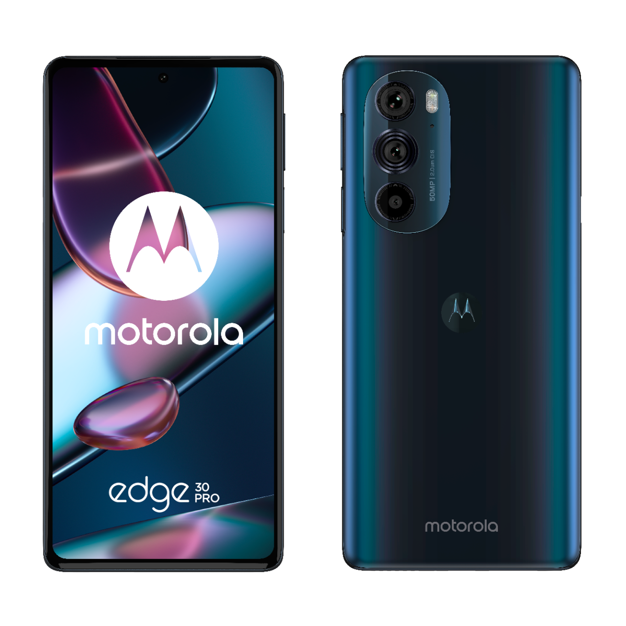 Doua telefoane Motorola Edge 30 Pro unul intors cu spatele si unul cu fata, avand ecranul aprins si afisand logo Motorola