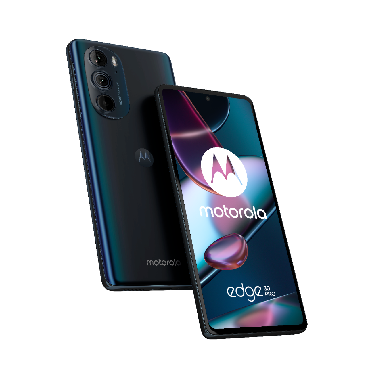 Telefon Doua telefoane Motorola Edge 30 Pro usor inclinate spre spate, unul intors cu spatele si unul cu fata, avand ecranul aprins si afisand logo Motorola