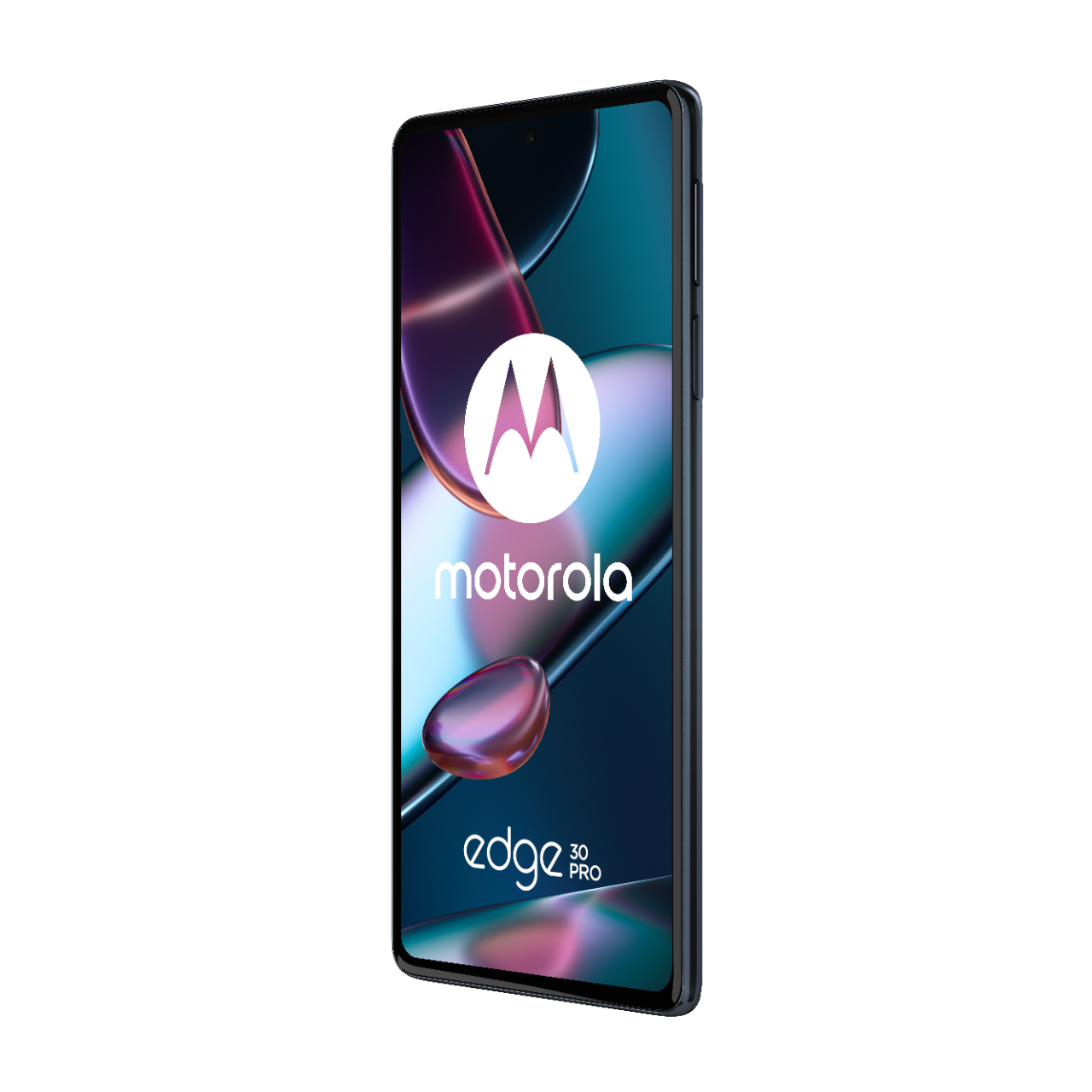 Telefon Telefon Motorola Edge 30 Pro privit din fata usor rotit spre stanga cu ecranul aprins afisand logo Motorola