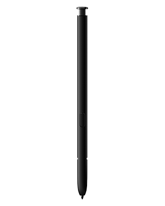 Telefon Creionul special al telefonului Samsung Galaxy S22 Ultra 128GB negru, fiind pozitionat vertical, privit din fata, observandu-se un buton, pe un fundal alb