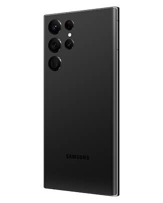 Telefon elefon Samsung Galaxy S22 Ultra 128GB negru, privit din spate, dintr-un unghi de aproximativ 20 de grade spre dreapta, pe un fundal alb