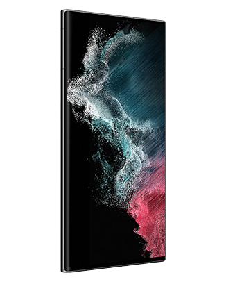 Telefon Telefon Samsung Galaxy S22 Ultra 128GB negru, privit din fata, dintr-un unghi de aproximativ 20 de grade spre stanga, cu o imagine de fundal cu valuri rosii si albastre, pe un fundal alb