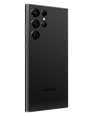 Telefon Telefon Samsung Galaxy S22 Ultra 128GB negru, privit din spate, dintr-un unghi de aproximativ 20 de grade spre stanga, pe un fundal alb