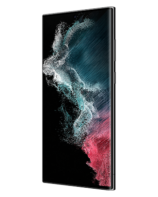 Telefon Telefon Samsung Galaxy S22 Ultra 128GB negru privit din fata dintr-un unghi de aproximativ 20 de grade spre dreapta, cu o imagine de fundal cu valuri rosii si albastre, pe un fundal alb
