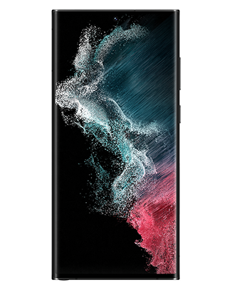 Telefon Telefon Samsung Galaxy S22 Ultra 128GB negru privit din fata, cu o imagine de fundal cu valuri rosii si albastre, pe un fundal alb