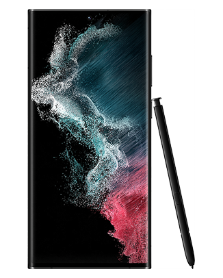 Telefon Telefon Samsung Galaxy S22 Ultra 128GB negru, privit din fata, cu o imagine de fundal cu valuri rosii si albstre, avand creionul special rezemat din partea dreapta, pe un fundal alb