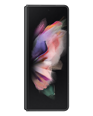 Telefon Telefon Samsung Galaxy Z Fold 3 negru fotografiat din fata, pliat, cu ecranul aprins
