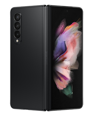 Telefon Telefon Samsung Galaxy Z Fold 3 negru fotografiat din fata, semideschis, cu cele trei camere vizibile si ecranul aprins