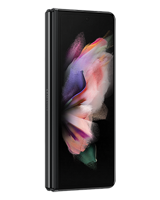 Telefon Telefon Samsung Galaxy Z Fold 3 negru fotografiat din fata, usor rotit catre dreapta, pliat, cu ecranul aprins