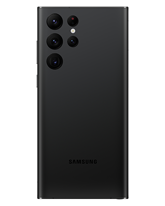 Telefon Telefon Samsung Galaxy S22 Ultra 128GB negru, privit din spate, observandu-se cele 5 camere, trei mari verticale spre stanga si 2 mici cu blitul in mijloc, pe un fundal alb