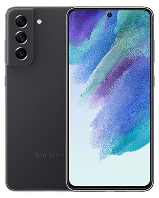 Telefon Doua telefoane Samsung Galaxy S21 FE negre in picioare, unul cu fata, avand ecranul aprins, si unul cu spatele