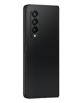 Telefon Telefon Samsung Galaxy Z Fold 3 negru fotografiat din spate, usor rotit catre dreapta, inchis, cu cele trei camere vizibile