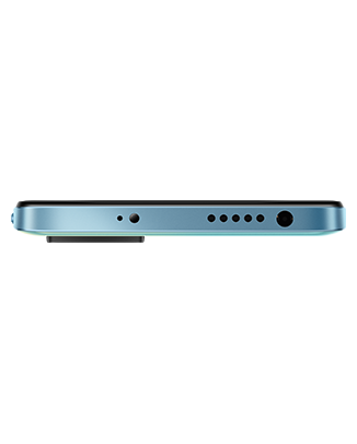Telefon Telefon Xiaomi Redmi Note 11 64 GB Bleu, privit de sus, observandu-se difuzorul, microfonul si senzorul infrarosu, pe un fundal alb