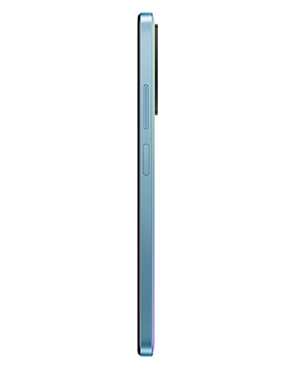 Telefon Telefon Xiaomi Redmi Note 11 64 GB Bleu, privit din lateral, observandu-se butoanele pentru volum si senzorul pentru amprenta, pe un fundal alb