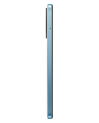 Telefon Telefon Xiaomi Redmi Note 11 64 GB Bleu, privit din lateral, observandu-se slotul pentru cartela SIM, pe un fundal alb