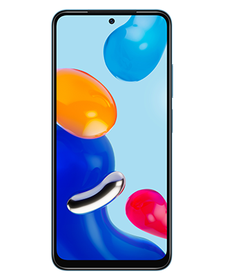 Telefon Telefon Xiaomi Redmi Note 11 64 GB Bleu cu imagine de fundal cu sfere colorate in galben, rosu, albastru si argintiu, privit din fata