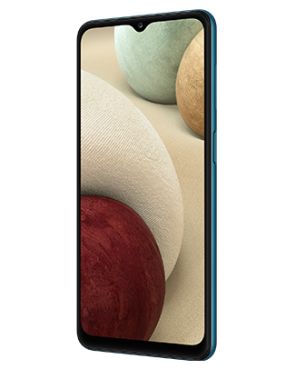 Telefon Telefon Samsung A12 albastru cu o imagine de fundal cu sfere colorate, pe un fundal alb, privit din fata de la un unghi de 20 de grade spre dreapta