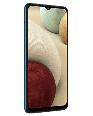 Telefon Telefon Samsung A12 albastru cu o imagine de fundal cu sfere colorate, pe un fundal alb, privit din fata de la un unghi de 20 de grade spre stanga