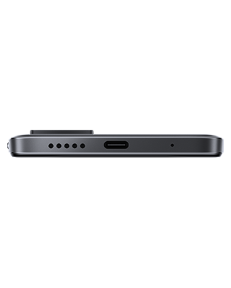 Telefon Telefon Xiaomi Redmi Note 11 64 GB Negru, privit de jos, observandu-se difuzorul, microfonul si slotul pentru incarcator USB tip C, pe un fundal alb
