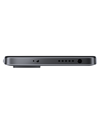 Telefon Telefon Xiaomi Redmi Note 11 64 GB Negru, privit de sus, observandu-se difuzorul, microfonul si senzorul infrarosu, pe un fundal alb