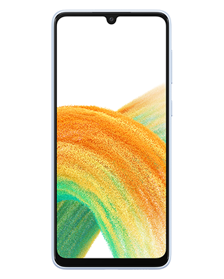 Telefon Telefon Samsung Galaxy A33 5G Albastru, cu imagine de fundal cu valuri colorate in galben si verde, privit din fata, pe un fundal alb