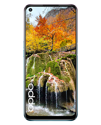 Telefon Telefon OPPO A54 5G Mov, cu imagine de fundal cu peisaj de toamna la cascada Bigar, privit din fata, pe un fundal alb