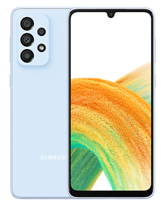 Telefoane Samsung Galaxy A33 5G Albastru cel din stanga cu spatele cel din dreapta cu fata imagine de fundal cu valuri colorate galben si verde pe telefonul cu spatele 4 camere