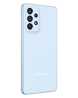 Telefon Telefon Samsung Galaxy A33 5G Albastru, privit din spate de la un unghi de 20 de grade spre stanga, observandu-se cele 4 camere si logo-ul Samsung, pe un fundal alb