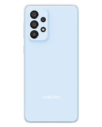 Telefon Telefon Samsung Galaxy A33 5G Albastru, privit din spate, observandu-se cele 4 camere si logo-ul Samsung, pe un fundal alb
