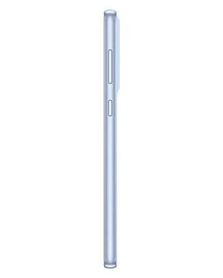 Telefon Telefon Samsung Galaxy A33 5G Albastru, privit din lateral, observandu-se butoanele pentru volum si butonul de blocare a ecranului, pe un fundal alb