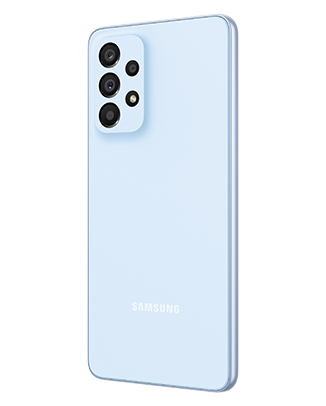 Telefon Telefon Samsung Galaxy A33 5G Albastru, privit din spate de la un unghi de 20 de grade spre dreapta, observandu-se cele 4 camere si logo-ul Samsung, pe un fundal alb