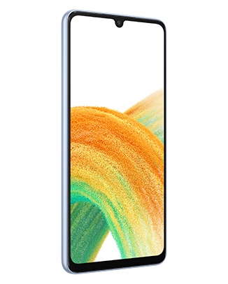 Telefon Telefon Samsung Galaxy A33 5G Albastru, cu imagine de fundal cu valuri colorate in galben si verde, pe un fundal alb privit din fata de la un unghi de 20 de grade spre dreapta