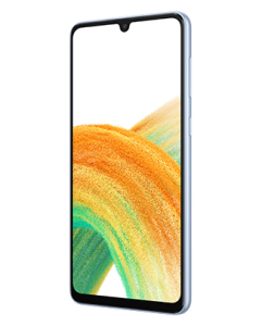 Telefon Telefon Samsung Galaxy A33 5G Albastru, cu imagine de fundal cu valuri colorate in galben si verde, pe un fundal alb privit din fata de la un unghi de 20 de grade spre stanga