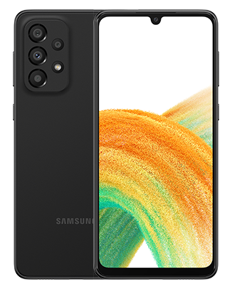 Telefoane Samsung Galaxy A33 5G Negru cel din stanga cu spatele cel din dreapta cu fata imagine de fundal cu valuri colorate observandu-se 4 camere