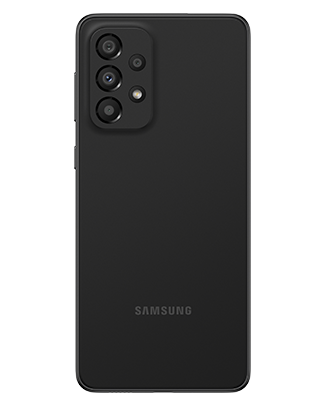 Telefon Telefon Samsung Galaxy A33 5G Negru, privit din spate, observandu-se cele 4 camere si logo-ul Samsung, pe un fundal alb