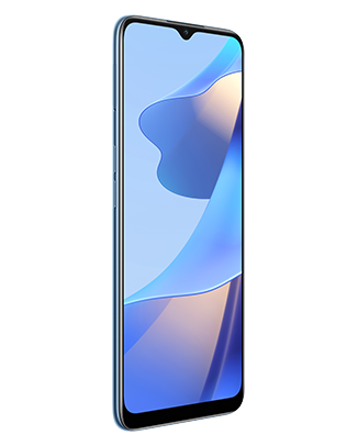 Telefon Telefon OPPO A54s Albastru, cu imagine de fundal cu volane bleu, privit din fata de la un unghi de 20 de grade spre dreapta