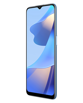 Telefon Telefon OPPO A54s Albastru, cu imagine de fundal cu volane bleu, privit din fata de la un unghi de 20 de grade spre stanga