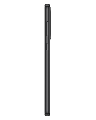Telefon Telefon Samsung Galaxy A33 5G Negru, privit din lateral, observandu-se butoanele pentru volum si butonul de blocare a ecranului, pe un fundal alb