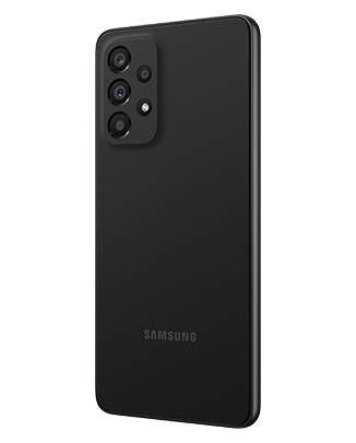 Telefon Telefon Samsung Galaxy A33 5G Negru, privit din spate de la un unghi de 20 de grade spre dreapta, observandu-se cele 4 camere si logo-ul Samsung, pe un fundal alb