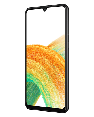 Telefon Telefon Samsung Galaxy A33 5G Negru cu imagine de fundal cu valuri galbene si verzi fundal alb privit din fata de la un unghi de 20 de grade spre stanga