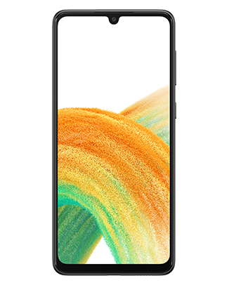 Telefon Telefon Samsung Galaxy A33 5G Negru, cu imagine de fundal cu valuri colorate in galben si verde, privit din fata, pe un fundal alb