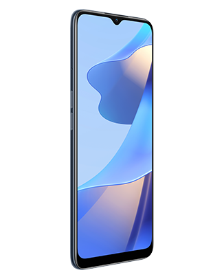 Telefon Telefon OPPO A54s Negru, cu imagine de fundal cu volane bleu, privit din fata de la un unghi de 20 de grade spre stanga
