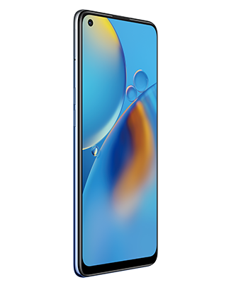 Telefon Telefon OPPO A74 Albastru, cu imagine de fundal cu sfere albastre, privit din fata de la un unghi de 20 de grade spre dreapta