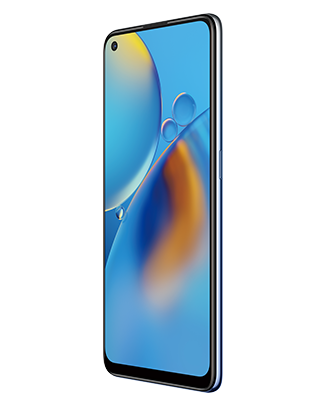 Telefon Telefon OPPO A74 Albastru, cu imagine de fundal cu sfere albastre, privit din fata de la un unghi de 20 de grade spre stanga