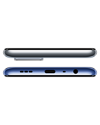 Telefon Telefon OPPO A74 Albastru, privit de sus si de jos, observandu-se microfonul, difuzorul si slotul pentru cablul de incarcare USB tip C