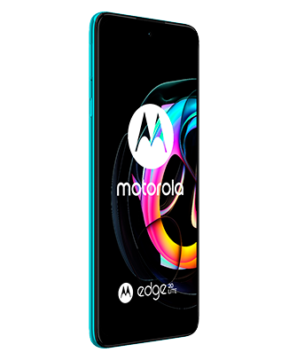 Telefon Telefon Motorola Edge Lite Dual Sim 128-8GB 5G Lagoon Green cu fata in unghi de 20 grade spre stanga cu imagine fundal cu joc de culori roz albastru gaben pe fundal alb