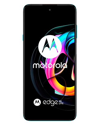 Telefon Telefon Motorola Edge Lite Dual Sim 128-8GB 5G Lagoon Green fiind plasat cu fata cu o imagine de fundal cu un joc de culori roz albastru si gaben pe un fundal alb